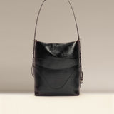 OLEADA NYC Bucket Bag > Leather Tote Bag For Women > Large Capacity Handbag > Convertible To Shoulder Bag > stylish 14 inch laptop bag Color_Obsidian Marina Soft Bucket