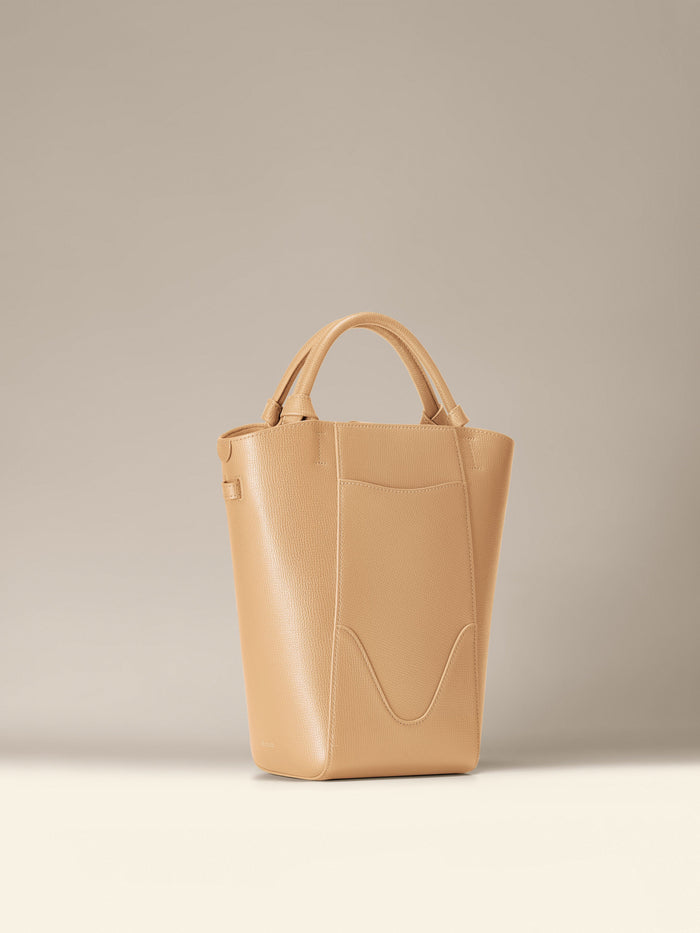 OLEADA Bucket Bag > Leather Tote Bag For Women > Compact Capacity Handbag > Convertible To Shoulder Bag > Tablet-friendly work bag Mini Marina Bucket Champagne