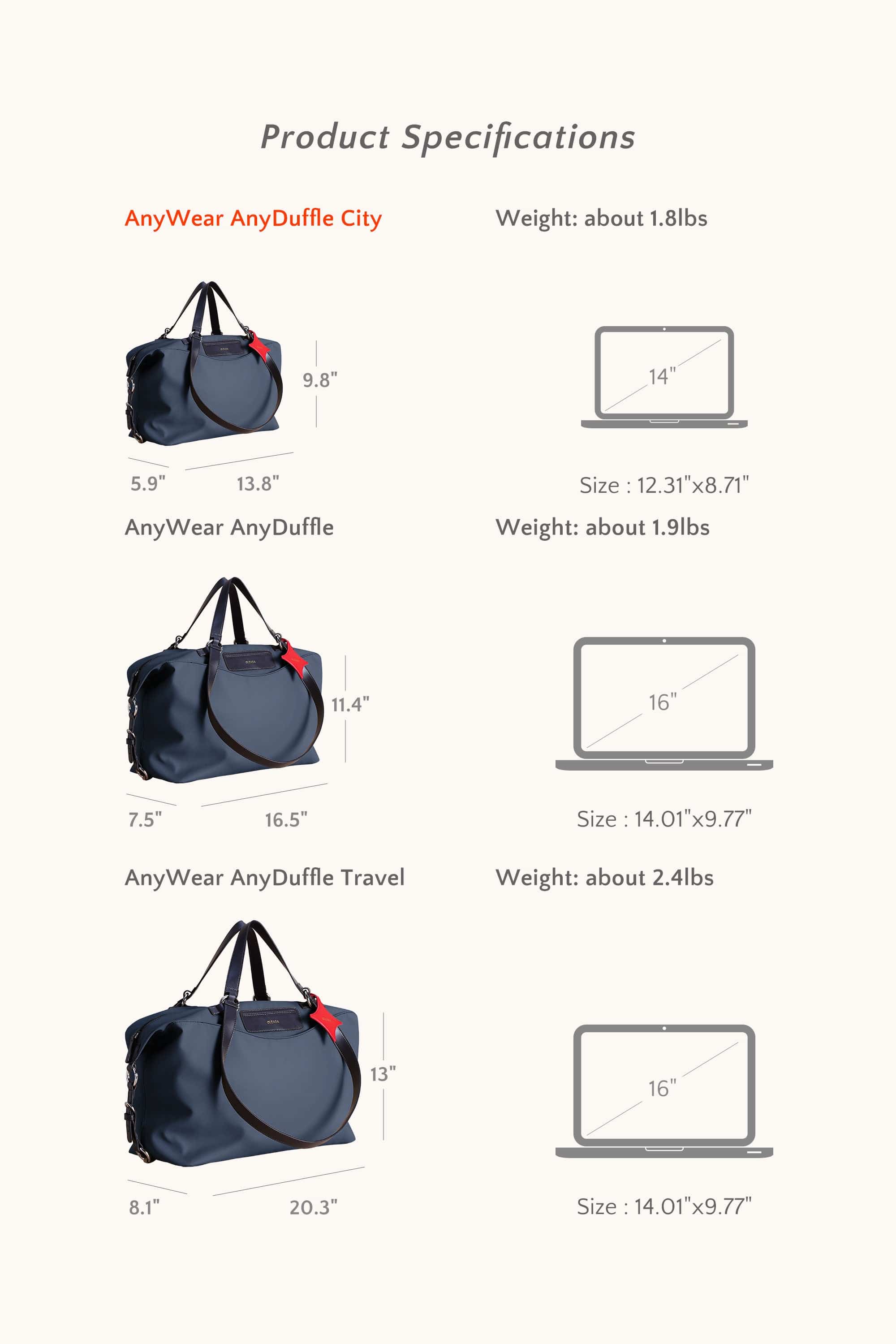 OLEADA NYC convertible travel bags > airport tote bags > overnight bags > water-resistant vegan bags > stylish multi-use bags AnyWear AnyDuffle City